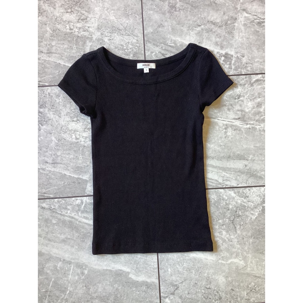 AGOLDE NWOT Womens Black Ribbed Knit Short Sleeve Scoop Neck Top Sample Size S